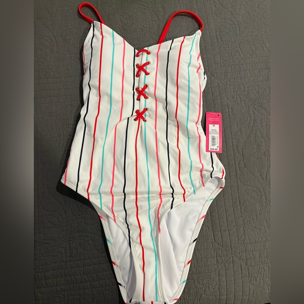Xhilaration Women’s One Piece Swimsuit - Red, Black, Teal Stripes NWT Medium